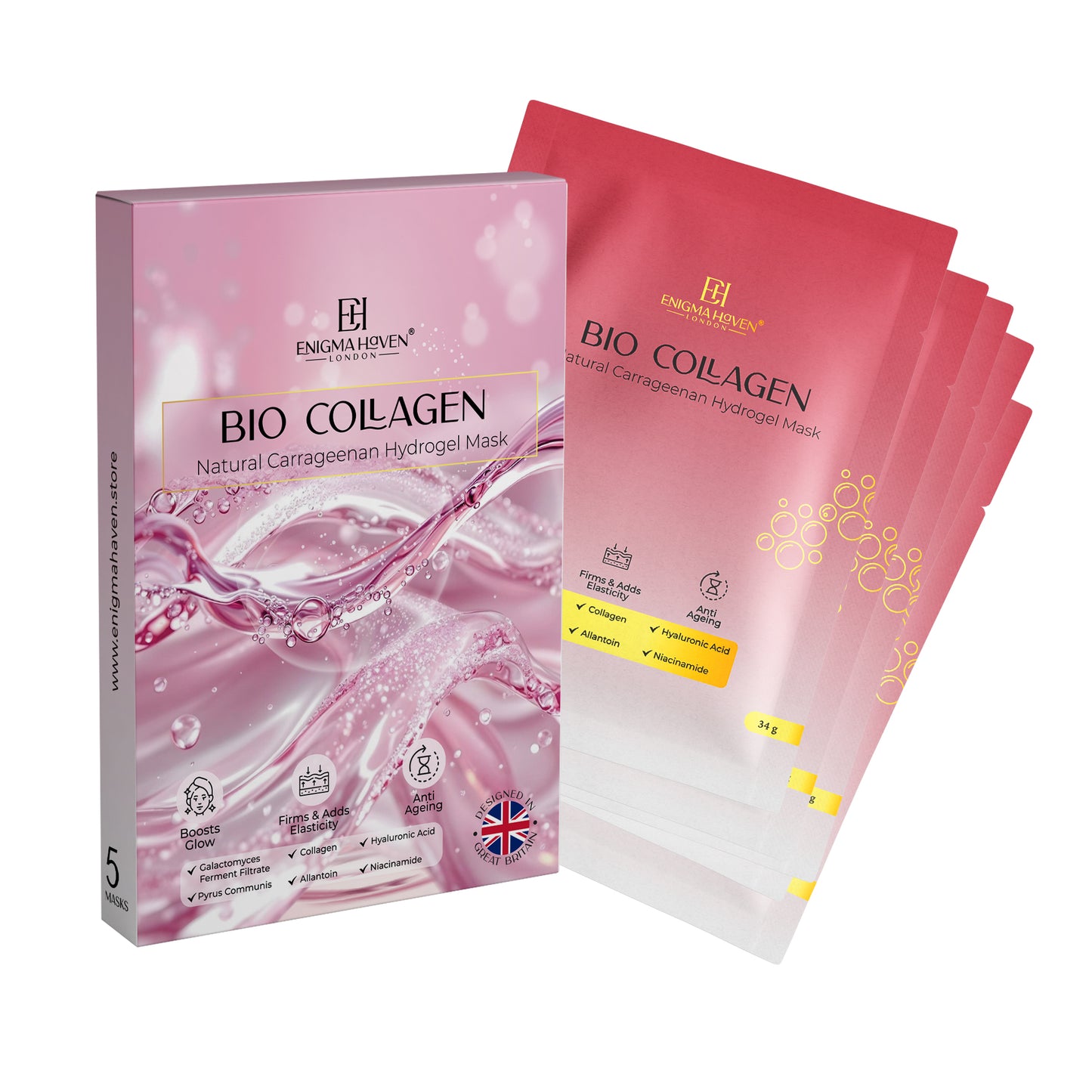 Bio Collagen Face Mask – Natural Carrageenan Hydrogel, Deep Moisture, Anti-Aging, Pore-Minimizing, Firming, Glow & Elasticity Boost - Niacinamide Hyaluronic Acid (5 Masks)